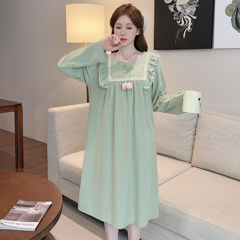 Spring & Autumn Korean Jacquard Maternity Slimming Lace Pajamas - Women's Long Sleeve Mid-Length Plus Size Sleep Dress
