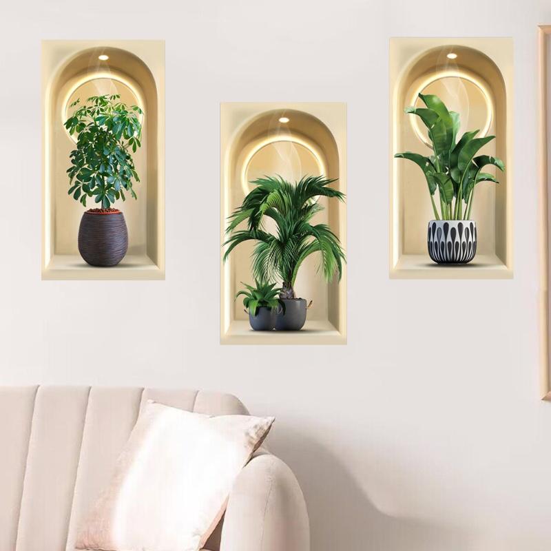 3D Aquarell Pflanzen Wandsticker Topfpflanzen Dekor Selbstklebende Rankenblätter Für Wohnzimmer Schlafzimmer Wanddeko