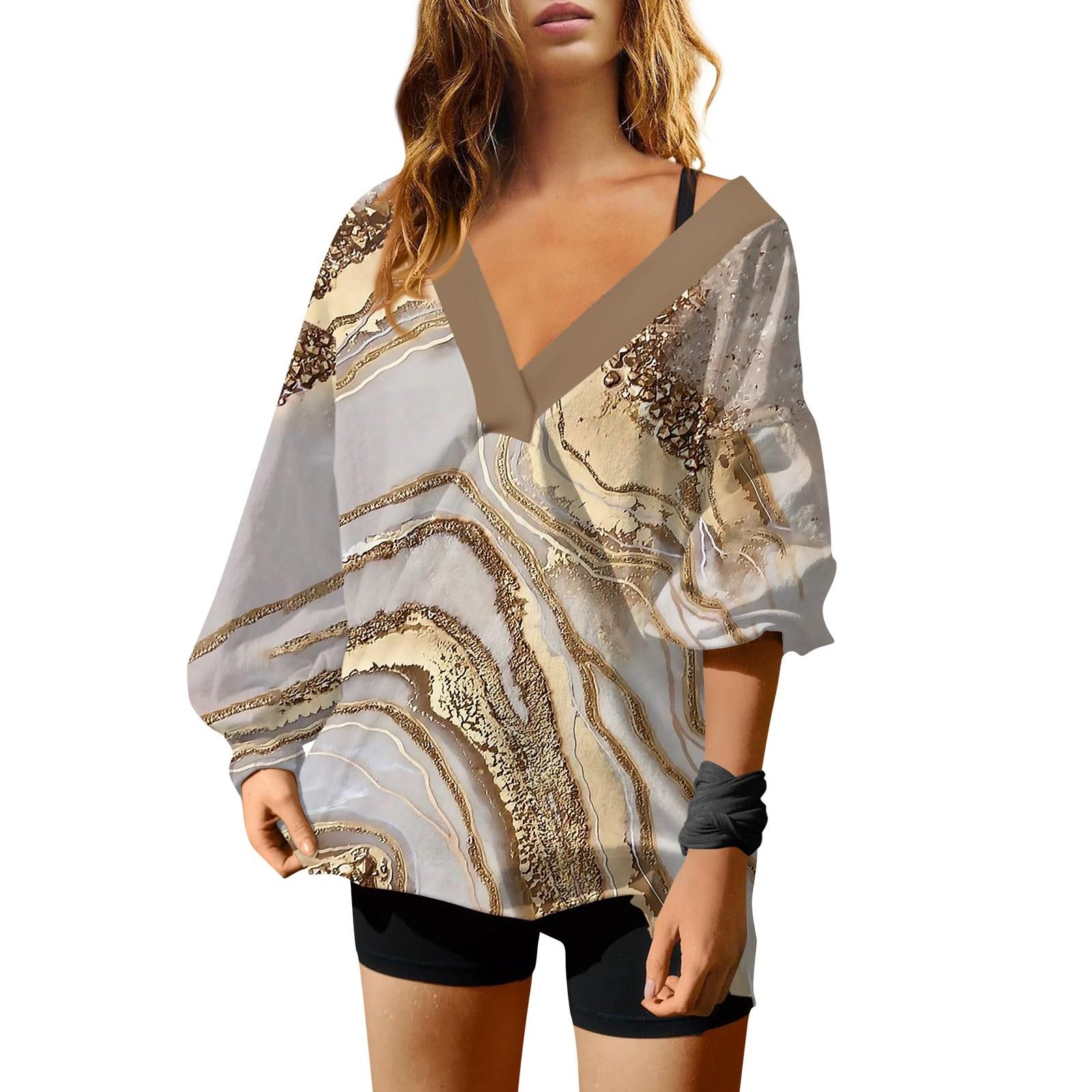 

Женская мода V-образный вырез длинный рукав принтованный свободный пуловер свитшот топ XXL