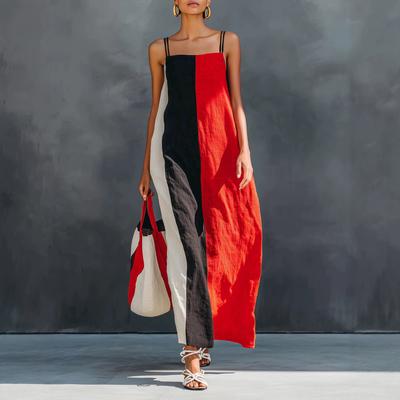 Summer New Contrasting Color Splicing Suspender Dress European and American Style Loose and Thin Big Swing Holiday Dress Women