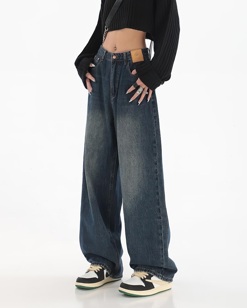 LUJPOIR Denim Straight Perfekt für Unterwegs und den Alltag Damen Wide-Leg Jeans, Passform, Lässig, Streetwear, Figurschmeichelnd, Ausgehen, Pendeln, - Blau-L