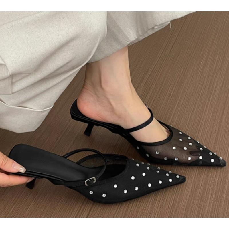 New Style Crystal High Heels Women Slippers Pointed Toe Mesh Mules Shoes Women's Sandals Elegant Summer Fad Slides Ladies Shoes