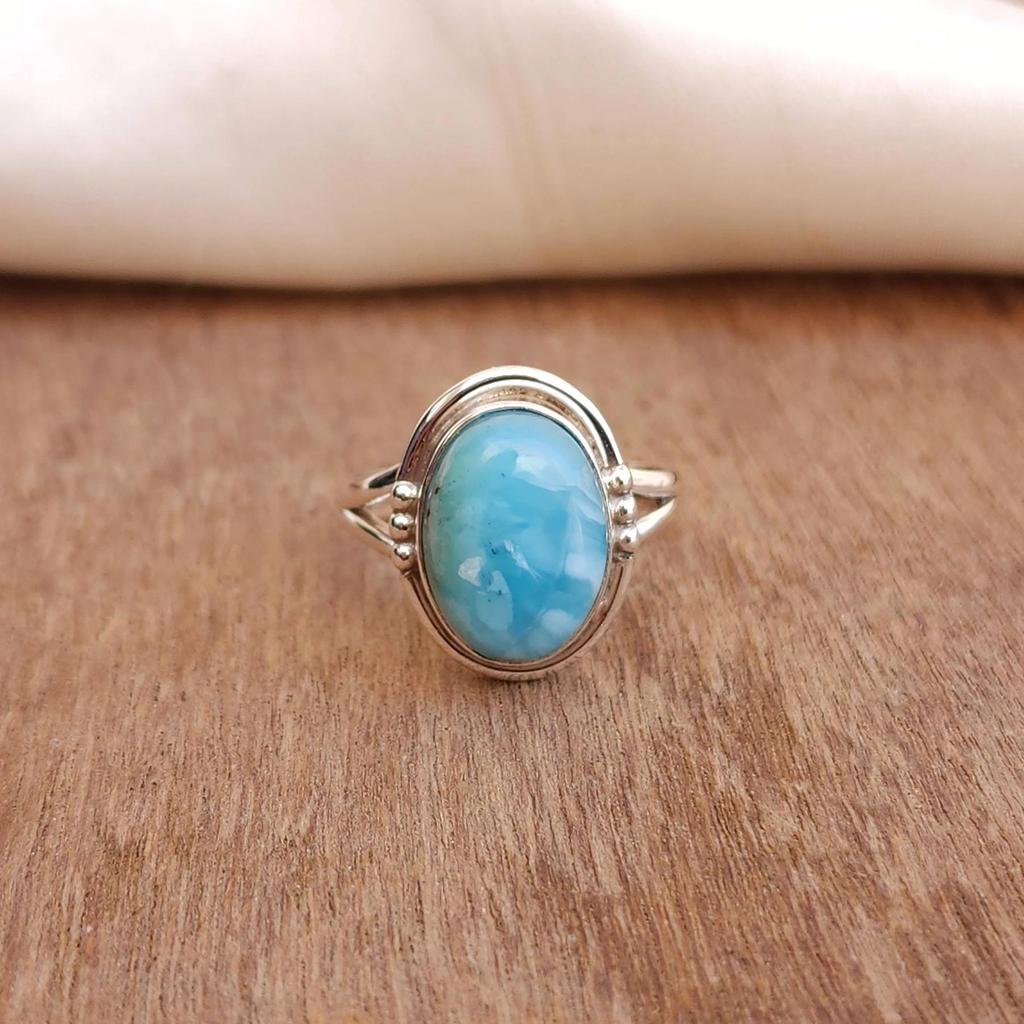 Natural Blue Larimar 925 Sterling Silver Ring Jewelry, Handmade Larimar Artisan Ring