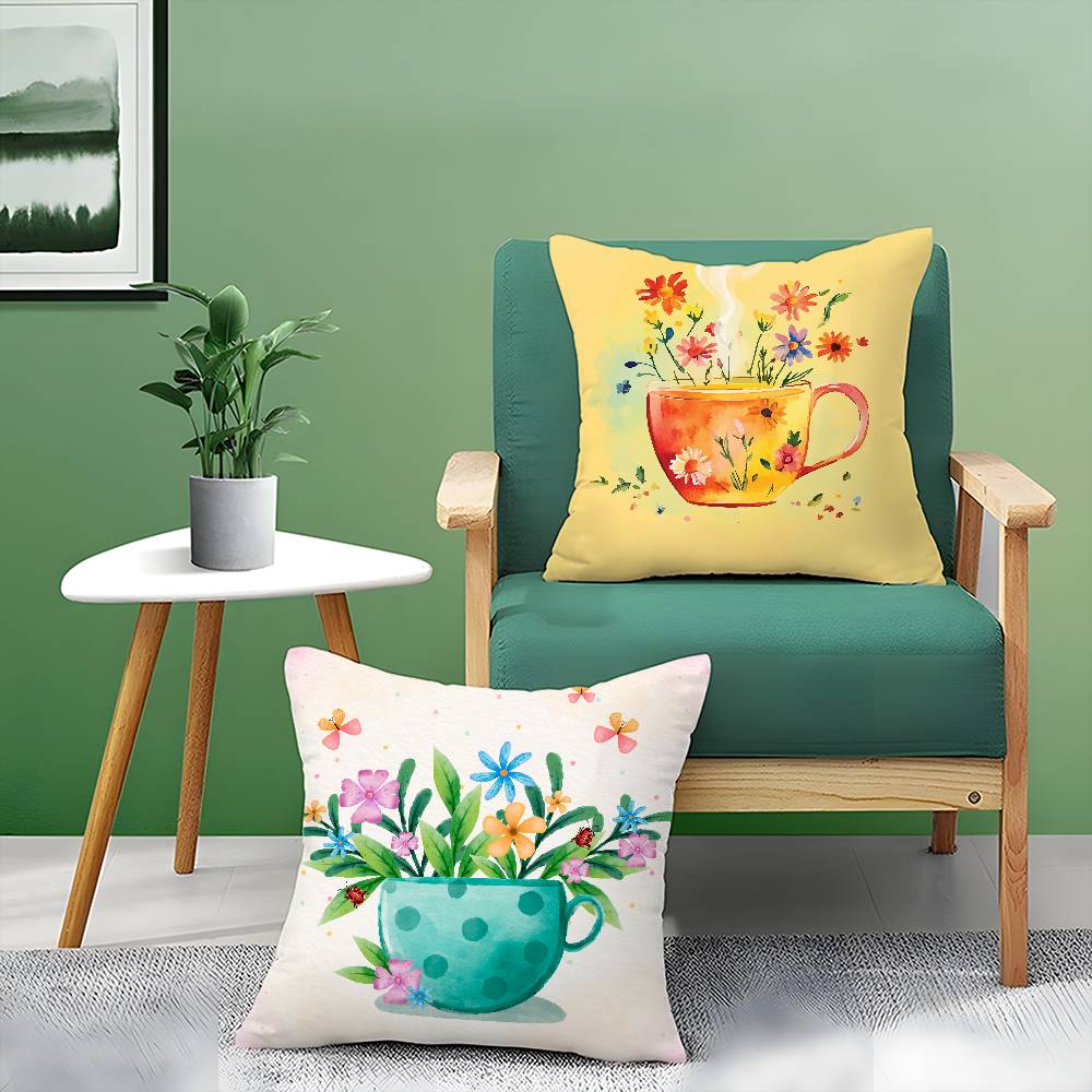 Painting Cup of Flowers Pillow Case Comfort Sofa Bed Silky elegant Invisible zipper Decorative cushion cover