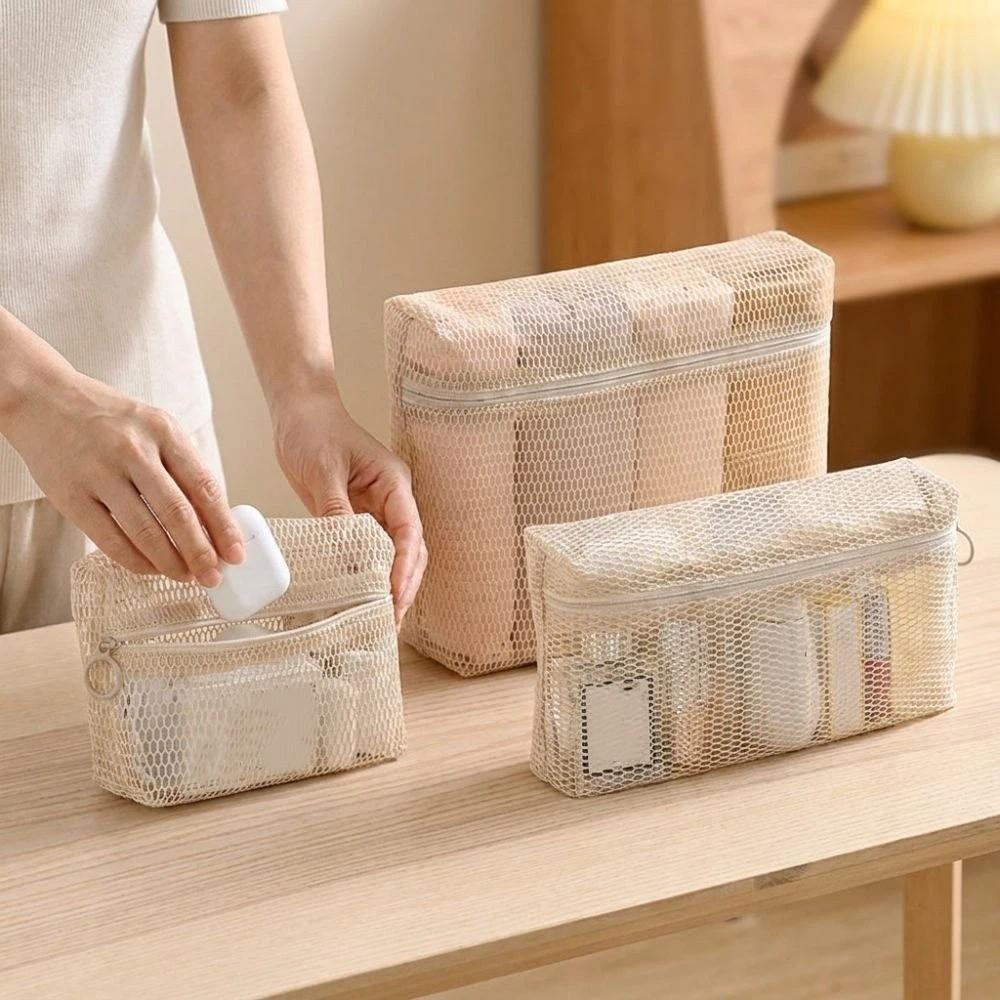 Handheld Zipper 3D Mesh Makeup Storage Bag Multipurpose Folding Travel Toiletry Bag Breathable Transparent Clothing Sorting Bag