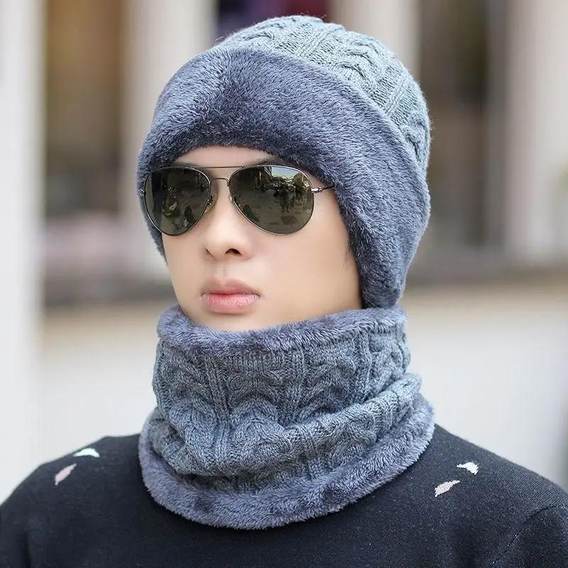 WTEMPO Windproof Cold-proof Warm Knitted Hat & Scarf Set Men's Autumn Winter Solid Color Plush Outdoor Cycling Soft Hats