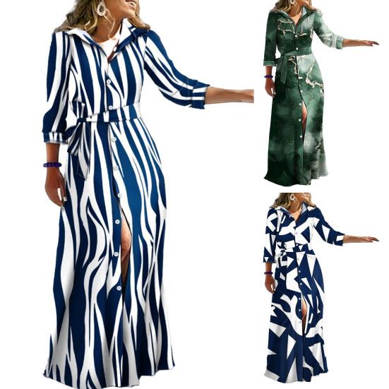 Women Spring Fall Dress Lace Up Tight Waist Striped Print Lapel Long