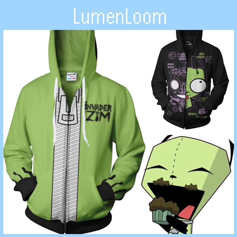 Felpa con cappuccio e zip da uomo a fantasia Invader Zim con vivaci caratteristiche di design 3D