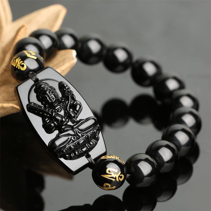 Obsidian Zodiac Guardian Buddha Bracelet for Couples – Guanyin & Eight Gods, Unisex