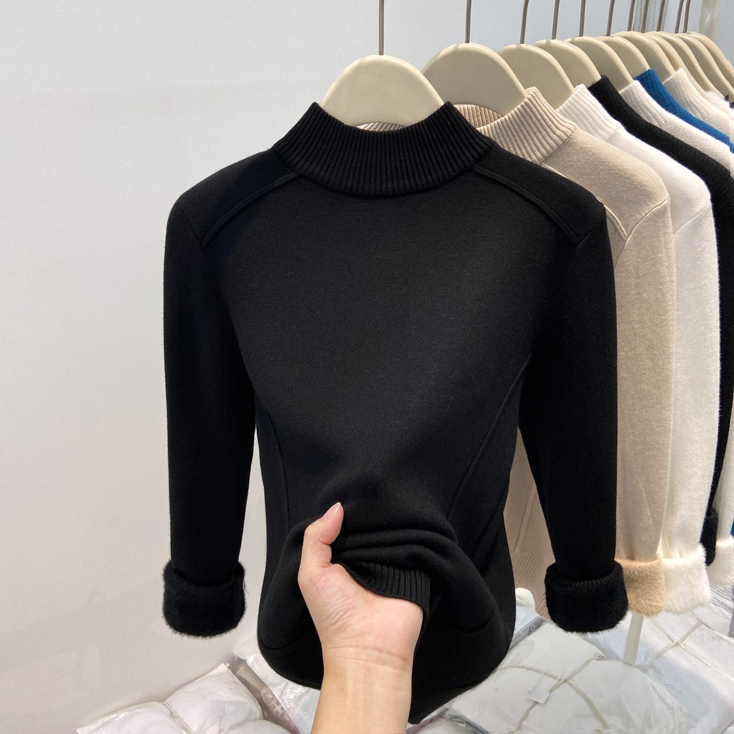 

Fleece and thickened integrated fleece sweater women s soft waxy semi-turtleneck bottoming shirt autumn and winter fish bone design sense inner top XL чёрный