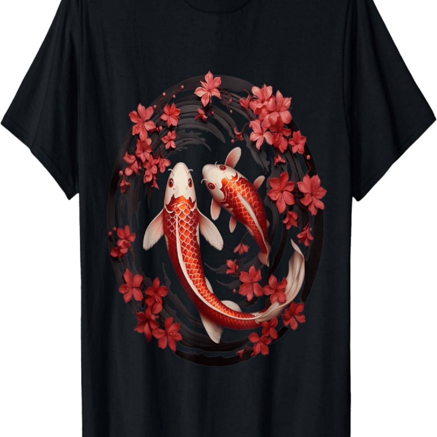 Koi Carp Ying Yang Nishikigoi Fish Cherry Blossom T-Shirt(111) S чёрный