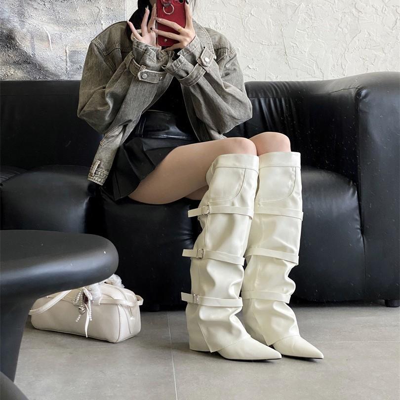 New European and American style pointed thick heel high boots four seasons versatile belt buckle side zipper super high heel women's fashion boots