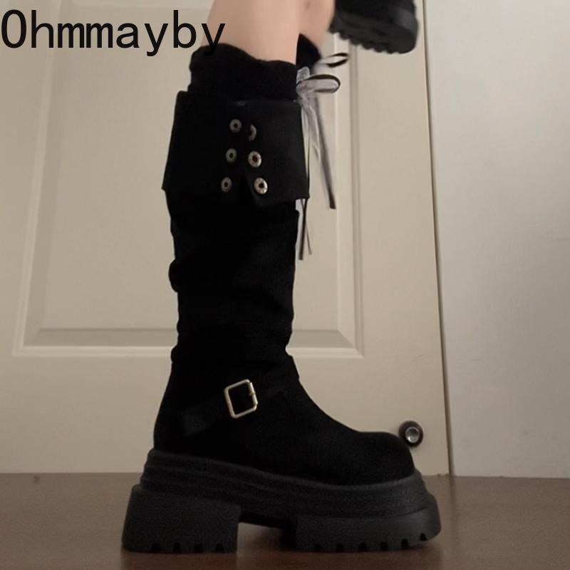 Platform Height Increase Woman Knight High Boots Punk Style Thick Heels Long Booties Autumn Winter Belt Buckle Ladies Shoes