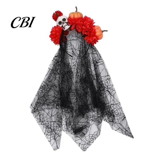 Halloween Costume Headband Pumpkin Skull Floral Headband, Stable Hair Hoop with 3D Artificial Non-irritating Flowers And Spiderweb Black Gauze Gothic