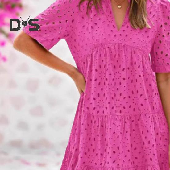 Rochie de vară pentru femei, cu mânecă scurtă, cu guler în V, model A-line, cu scobitură, cu scobitură, rochie de plajă