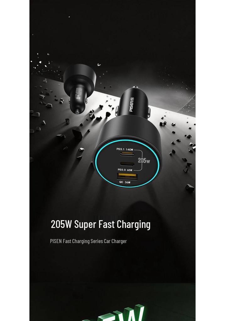 PISEN 205W Super Fast 3-Port Car Charger for Apple Devices with Cigarette Lighter Adapter