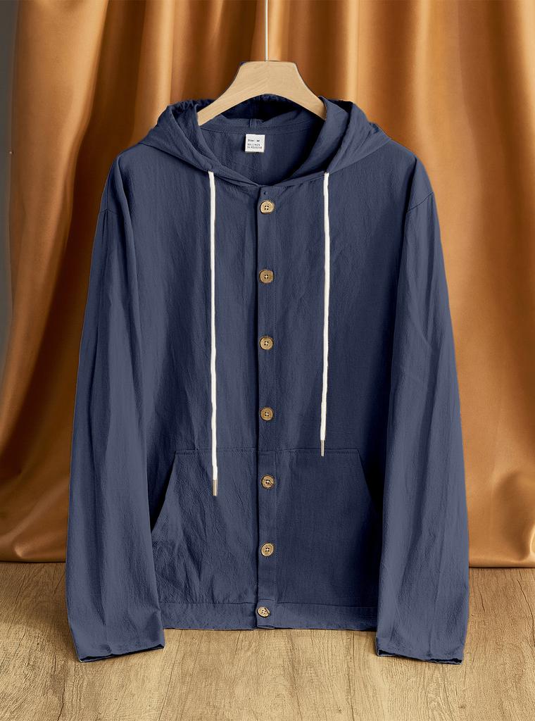 Men's Cotton Linen Button Hooded Shirt Loose Casual Long Sleeve Beach Resort Jacket
