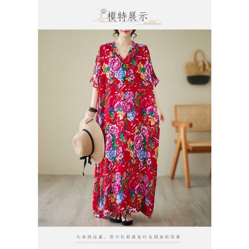 Summer V-neck Cotton Silk Large Size Loose Literary Vacation Style Beach Dresses