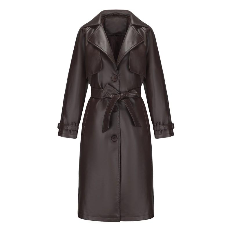 Womens Oversized Long PU Leather Trench