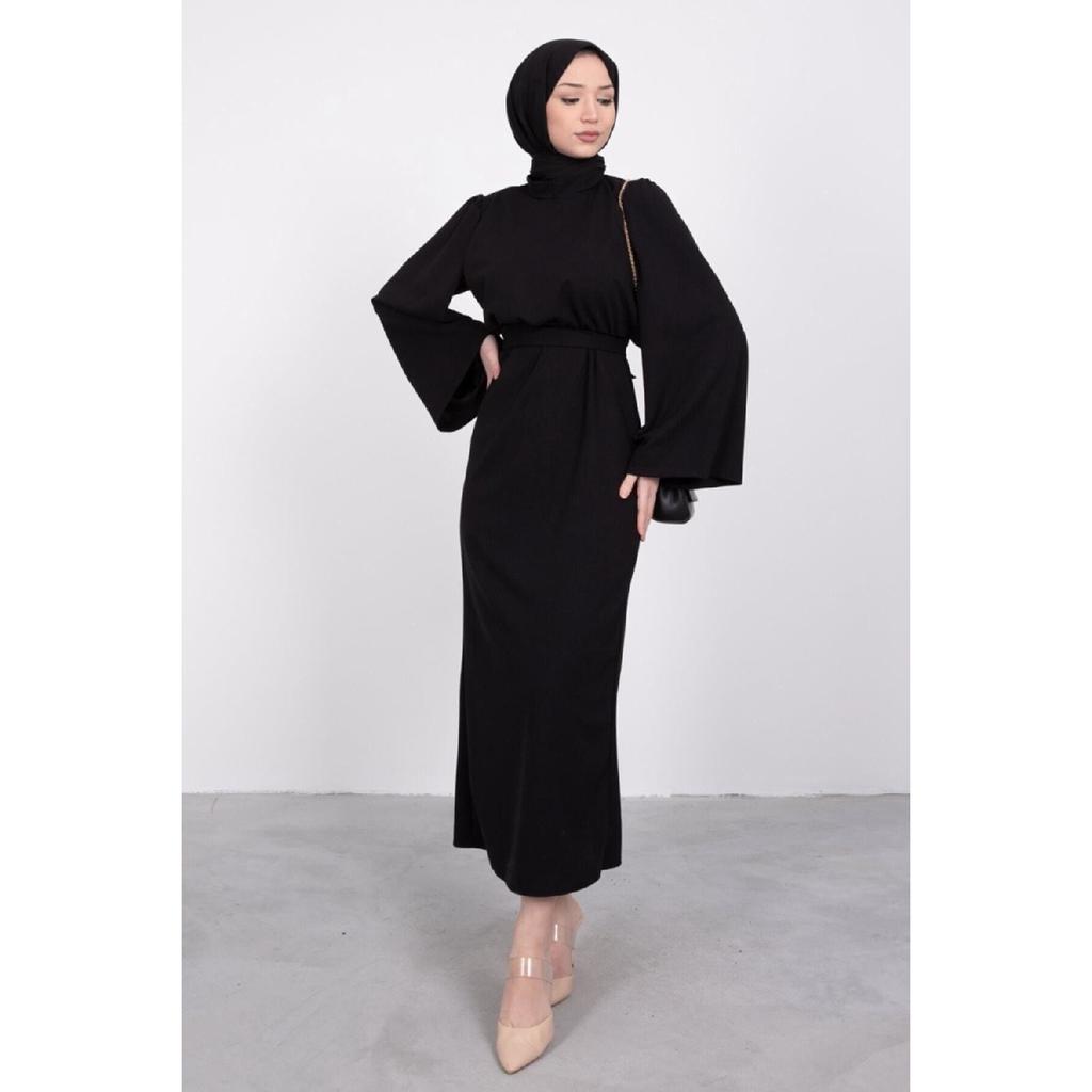 Rochie hijab cu mânecă cu volan, neagră