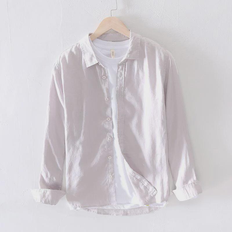 

Мужская повседневная белая рубашка из дышащего льна с длинными рукавами — облегающая, легкая, устойчивая к ультрафиолетовому излучению M 50-57 kg серый