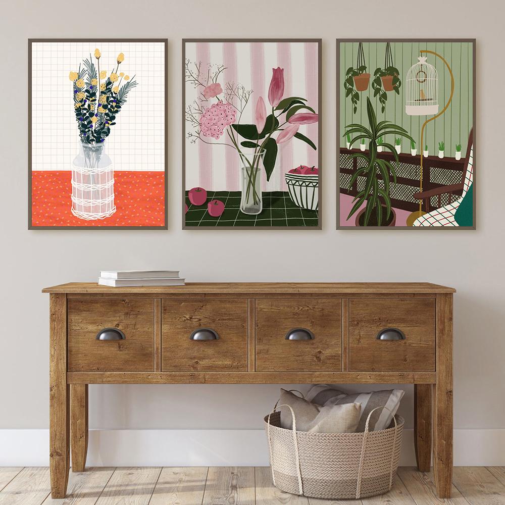 Japanese Lucky Cats Wall Art Botanical Flowers Vase Poster And Print Abstract Animal Pictures for Home Bedroom Living Room Decor