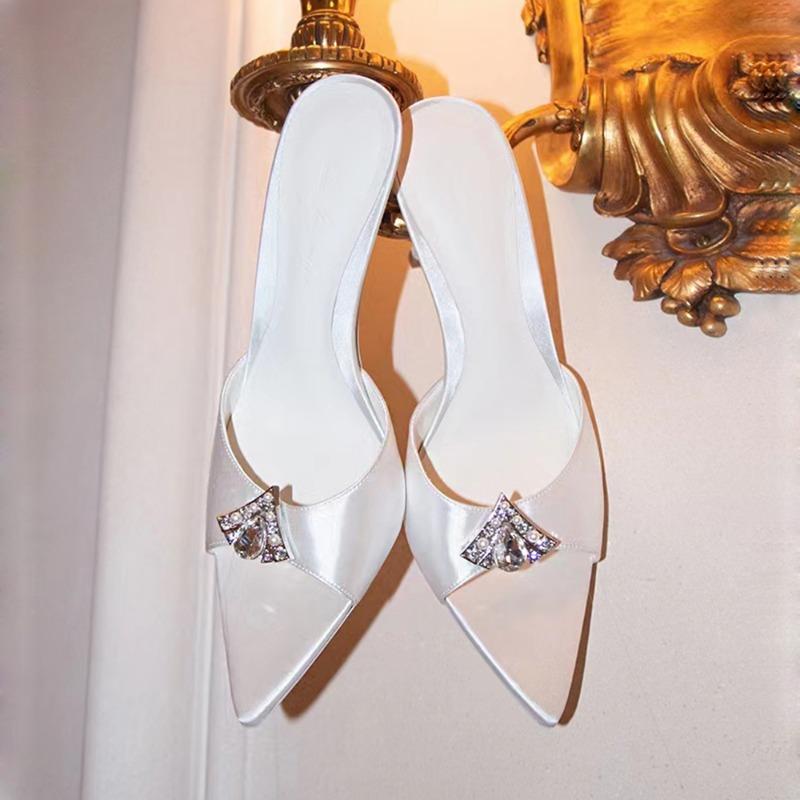 Fashion Pointy Crystal Satin Mules Women Sweet Peep Toe High Heels Elegant 2025 Summer Shoes Causal Ladies Outfit Luxury Silk Slippers