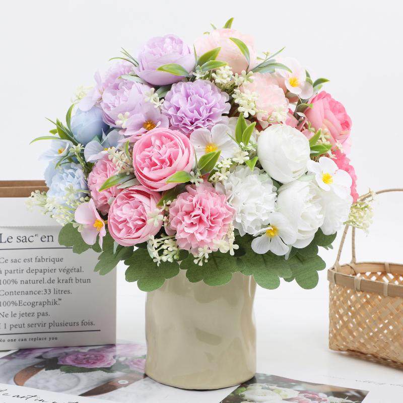 1Pc Artificial Flowers Wedding Home Bedroom Decoration Bridal Bouquet Garden Fake Silk Roses Hydrangeas Vase For Board Outdoors