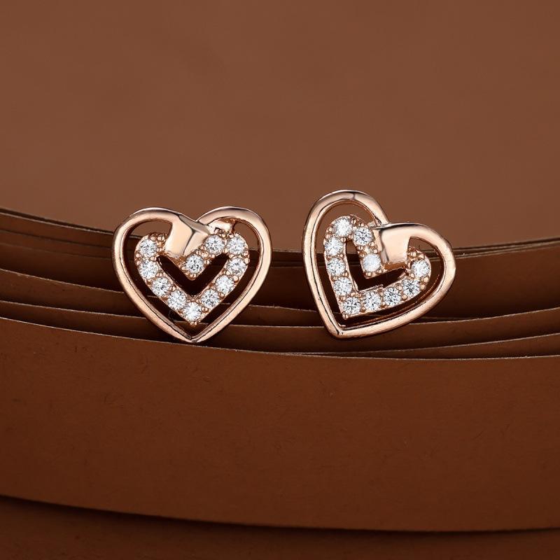 

Wish rose gold and white diamond double-layer love stud earrings Korean simple heart-shaped personalized high-end ear jewelry