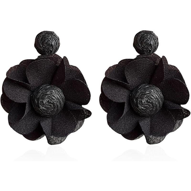 Rattan Earrings Summer Boho Handwoven Big Fabric Chiffon Rattan Flower Drop Earrings Statement Tropical Beach Vacation Jewelry