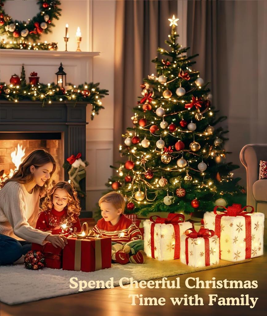 Ensemble de 3 Boîtes de Noël Lumineuses, Ornements Lumineux LED avec Nœuds Boîtes de Noël pour Sapins de Noël Décorations de Fête