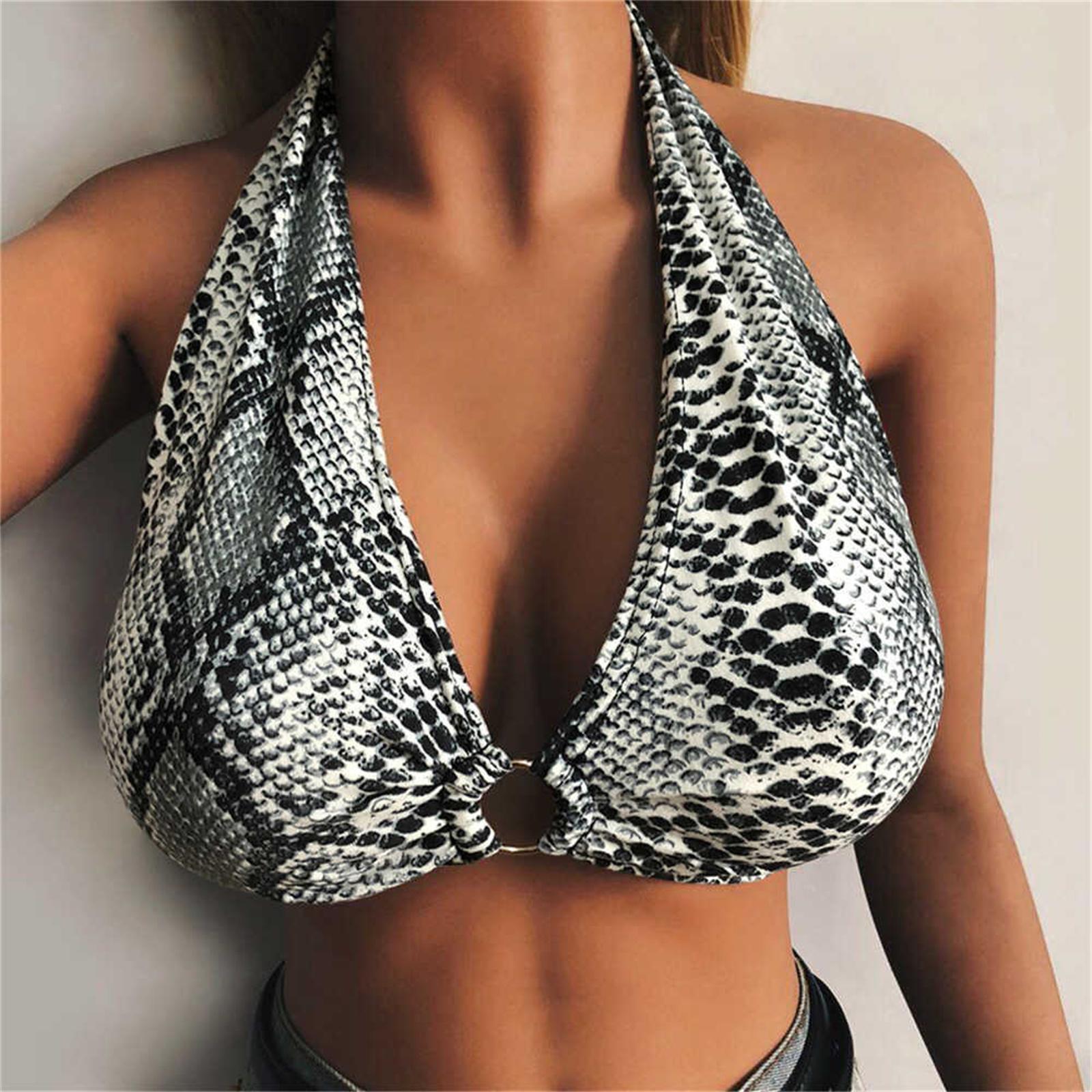 Women Sexy Deep V Neck Halter Top with Ring Detail Backless Crop Tank Top Sleeveless Summer Casual Clubwear L