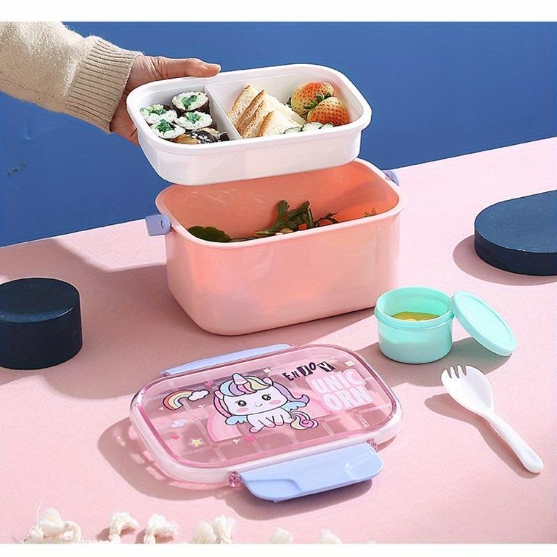 Cartoon Design Leak-proof Lunch Box Multi-compartment Bento Container with Dip Cups Spoons Ideal for Outdoor and Fruit Storage