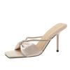 Fashion Square Head Bow High Heels Women's Rhinestone Stilettos One-strap Half Slippers for Outdoor Wear Without Tiring Feet 2025 Summer
