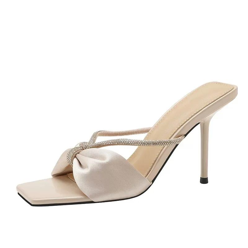 Fashion Square Head Bow High Heels Women's Rhinestone Stilettos One-strap Half Slippers for Outdoor Wear Without Tiring Feet 2025 Summer
