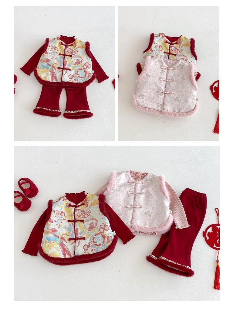 2025 Children's Chinese New Year Retro Jacquard Padded Vest – Winter Outfit for Girls