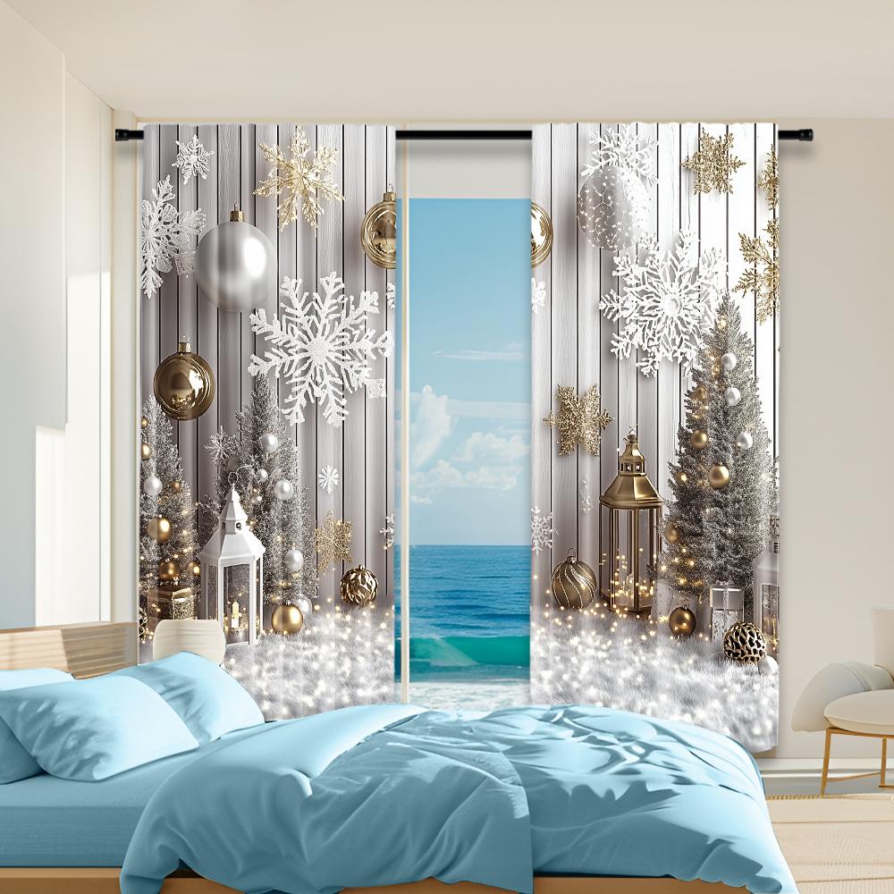 

2Pcs Christmas Tree And Snowflake Window Curtain Polyester Material With Rod Pocket Landscapes Print For Bedroom And Living Room 29x65in(75x166cm)