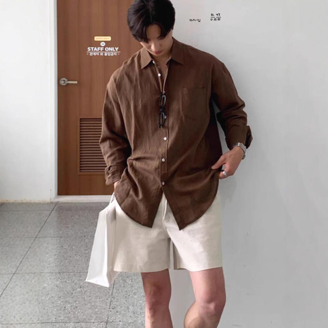 Men Loose Breathable Long Sleeve Casual Solid Linen Work Open Front Shirt M коричневый