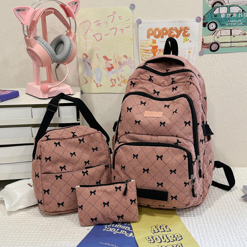 Dreiteiliger Schleifen-Rucksack Cord-Rucksack Schülerschultasche
