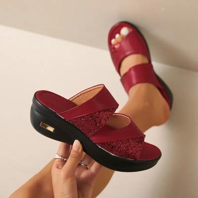 Sandales d'été à talons hauts à bout ouvert à paillettes compensées Chaussures décontractées pour femmes Slingbacks Sandales légères pour femme
