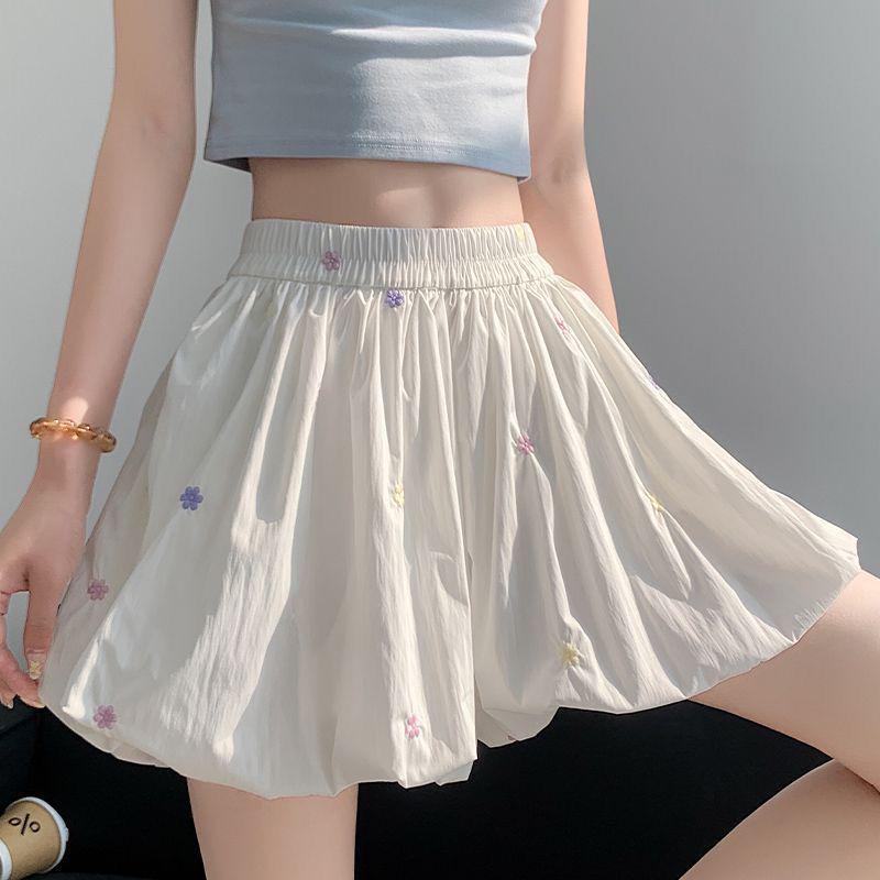 Pink Flower Bud High-Waisted Puffy Skort for Petite Women - Cute Floral Print Summer 2025 Shorts S under 50 kg