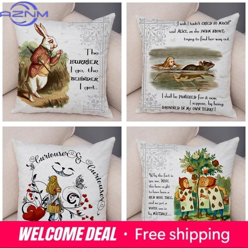 Alice In Wonderland Cushion Cover Cute Rabbit Cat Printed Sofa Pillow Vintage Home Decorative Pillow Case for Children Room