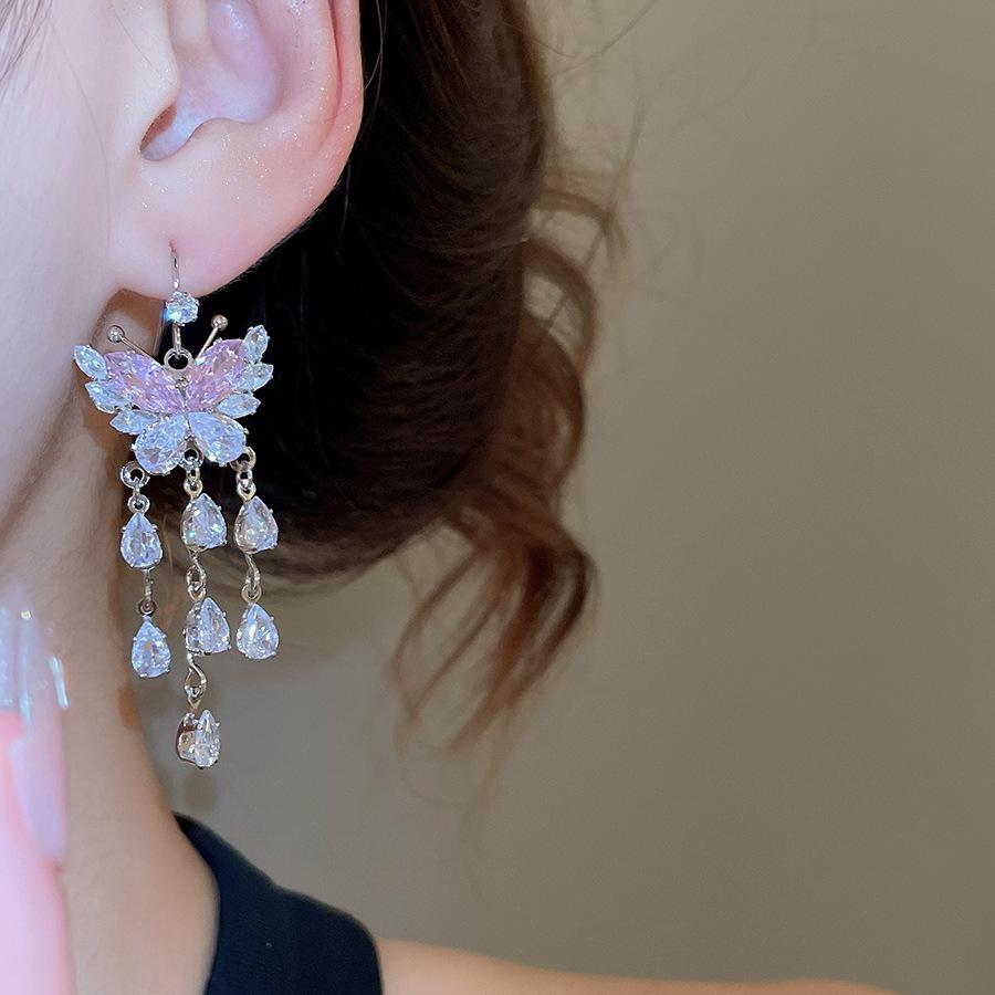 Korean Style Zircon Butterfly Water Drop Earrings - Light Luxury and Fashionable Stud Ear Jewelry
