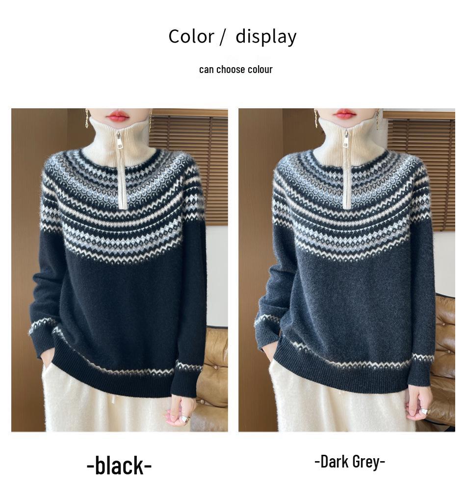 Women's Half-Zip Fair Isle Retro Wool Sweater - Autumn/Winter Knitwear
