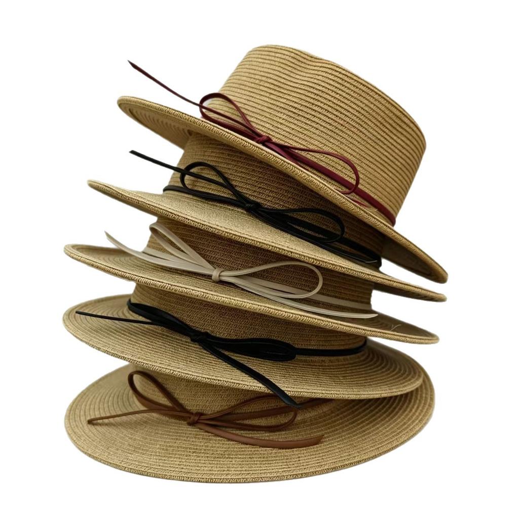 Seaside Vacation Idyllic Style Flat-brimmed Bow Women's Summer Travel Sunshade Sunscreen Hat, Straw-woven Elegant Top Hat