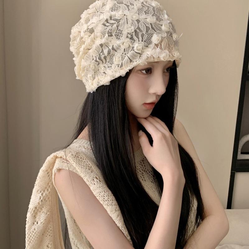 Women's Spring Summer 3D Lace Slouchy Hat Breathable Thin Hollowed-Out Head Covering Hat Street Versatile Niche Pull-On Hat