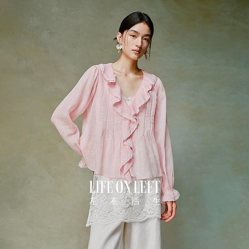 Elegant Ramie Ruffle-Sleeve V-Neck Pleated Blouse XL