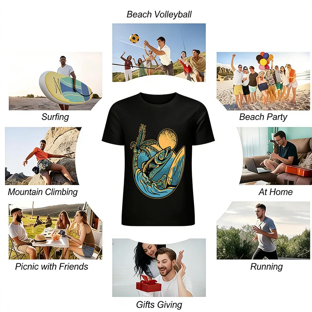 Tropical Fishing Surfing Graphic Casual Short Sleeve Tee Pure Cotton T-shirt