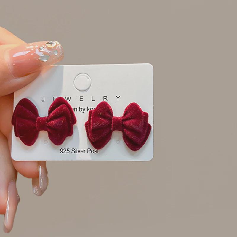 2024 Burgunderrote Ohrringe mit Schleife: Silbernadel, eleganter chinesischer Stil für Neujahr und Frühlingsfest