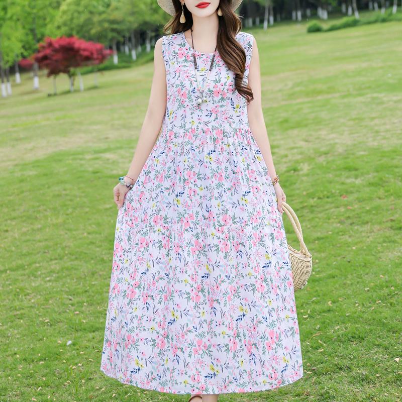 Elegant Sleeveless Dress for Women Plus Size Short Sleeve Vintage Print Long Dress Summer Casual Middle-aged Women's Clothing